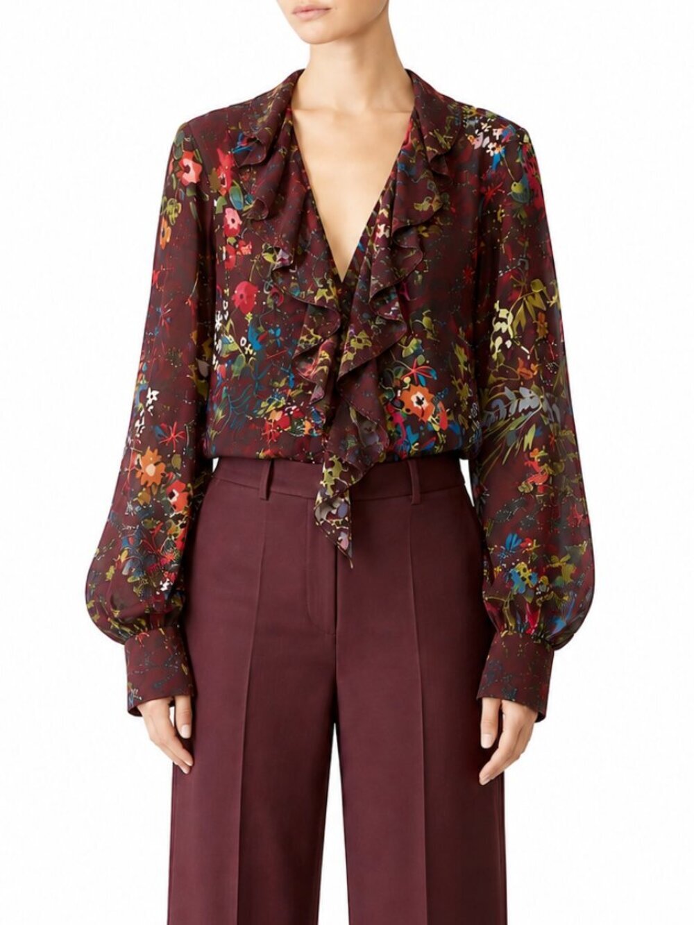 PARKER Burgundy Floral Silk Blend Ruffle V-Neck Blouse, Size S